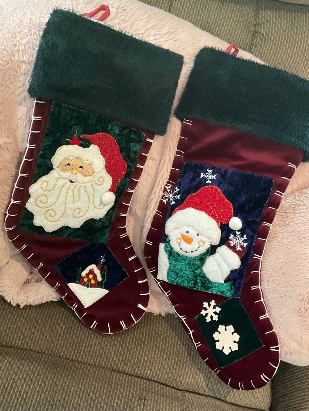 Holiday Santa & Snowman Plush Stockings with Dark Green Cuff